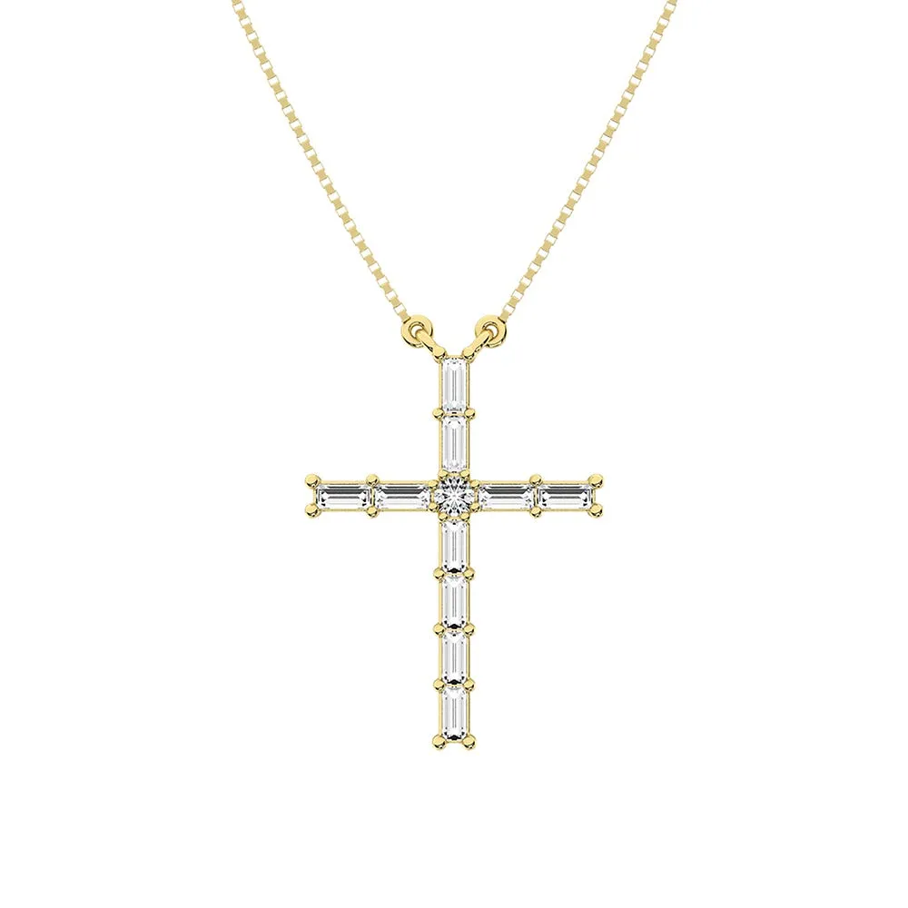 10K Yellow Gold 1/4 Ct.Tw. Diamond Round and Baguette Cross Necklace