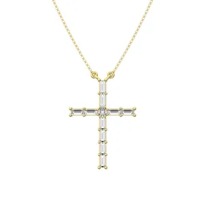 10K Yellow Gold 1/4 Ct.Tw. Diamond Round and Baguette Cross Necklace