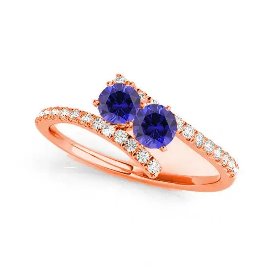 14K Rose Gold SI-2 Sapphire Two Stone Round Rings, 0.50 Carat