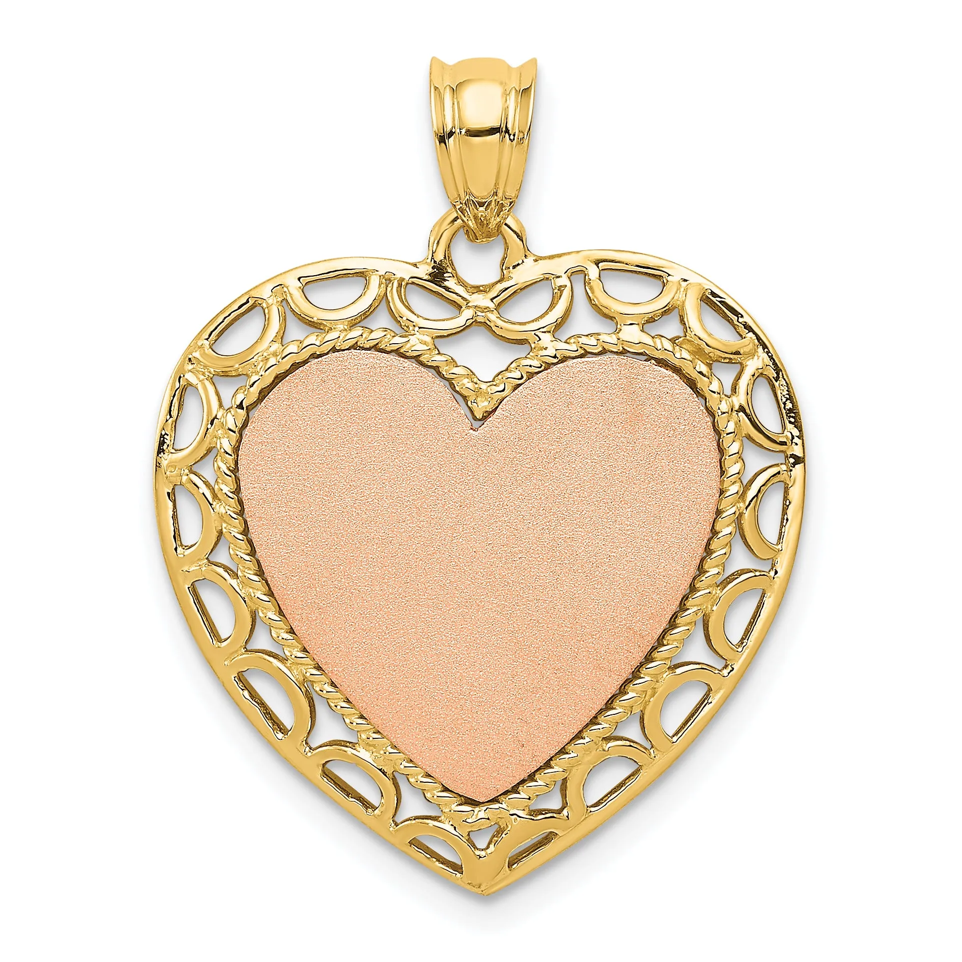 14K Two-tone Polished Lace Trim Heart Pendant