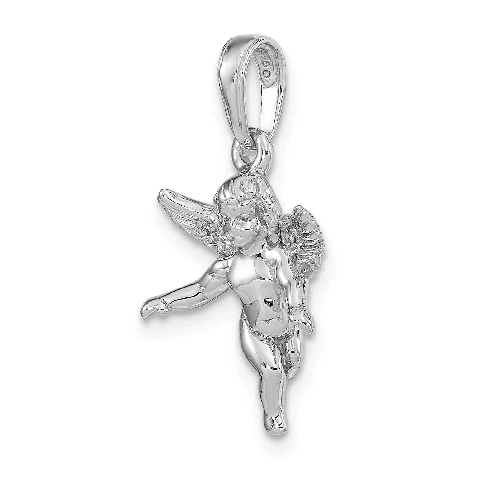 14k White Gold Polished Finish 3-Dimensional Solid Angel Pendant