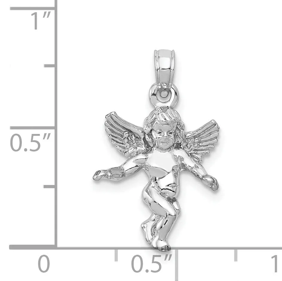 14k White Gold Polished Finish 3-Dimensional Solid Angel Pendant