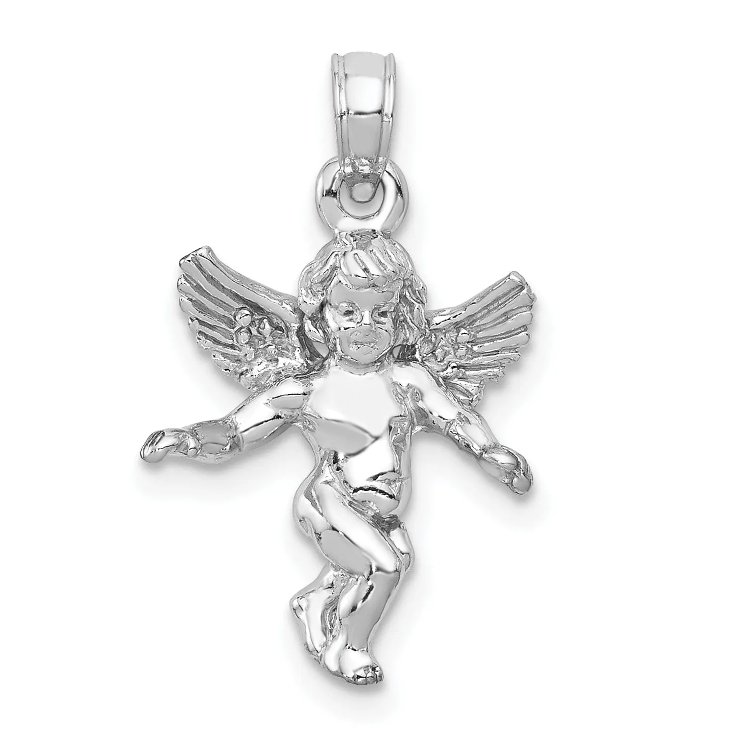 14k White Gold Polished Finish 3-Dimensional Solid Angel Pendant