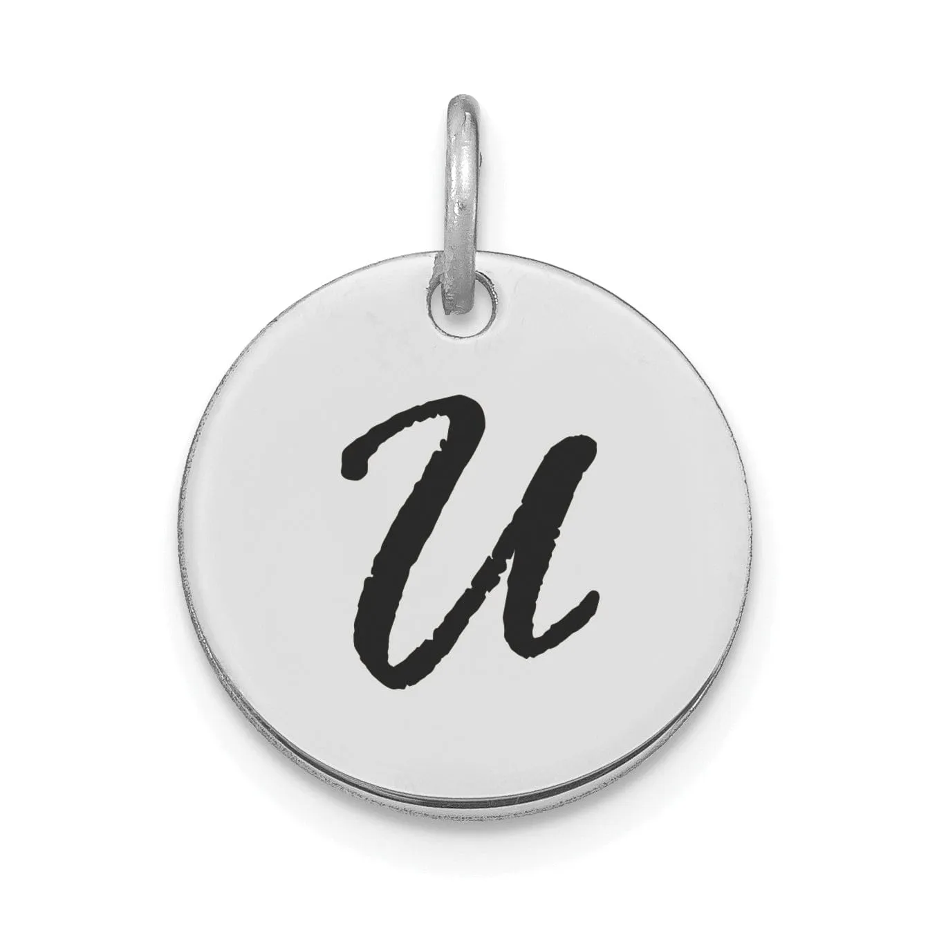 14k White Gold Polished Rhodium Black Epoxy Finish Letter U Initial Disk Shape Charm Pendant