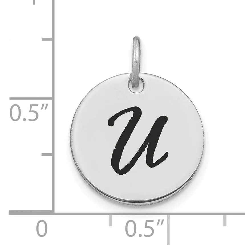 14k White Gold Polished Rhodium Black Epoxy Finish Letter U Initial Disk Shape Charm Pendant