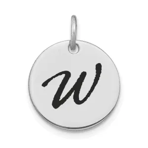 14k White Gold Polished Rhodium Black Epoxy Finish Letter W Initial Disk Shape Charm Pendant