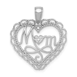 14K White Gold Solid Textured Polished Finish MOM in Scallop Heart Shape Design Charm Pendant