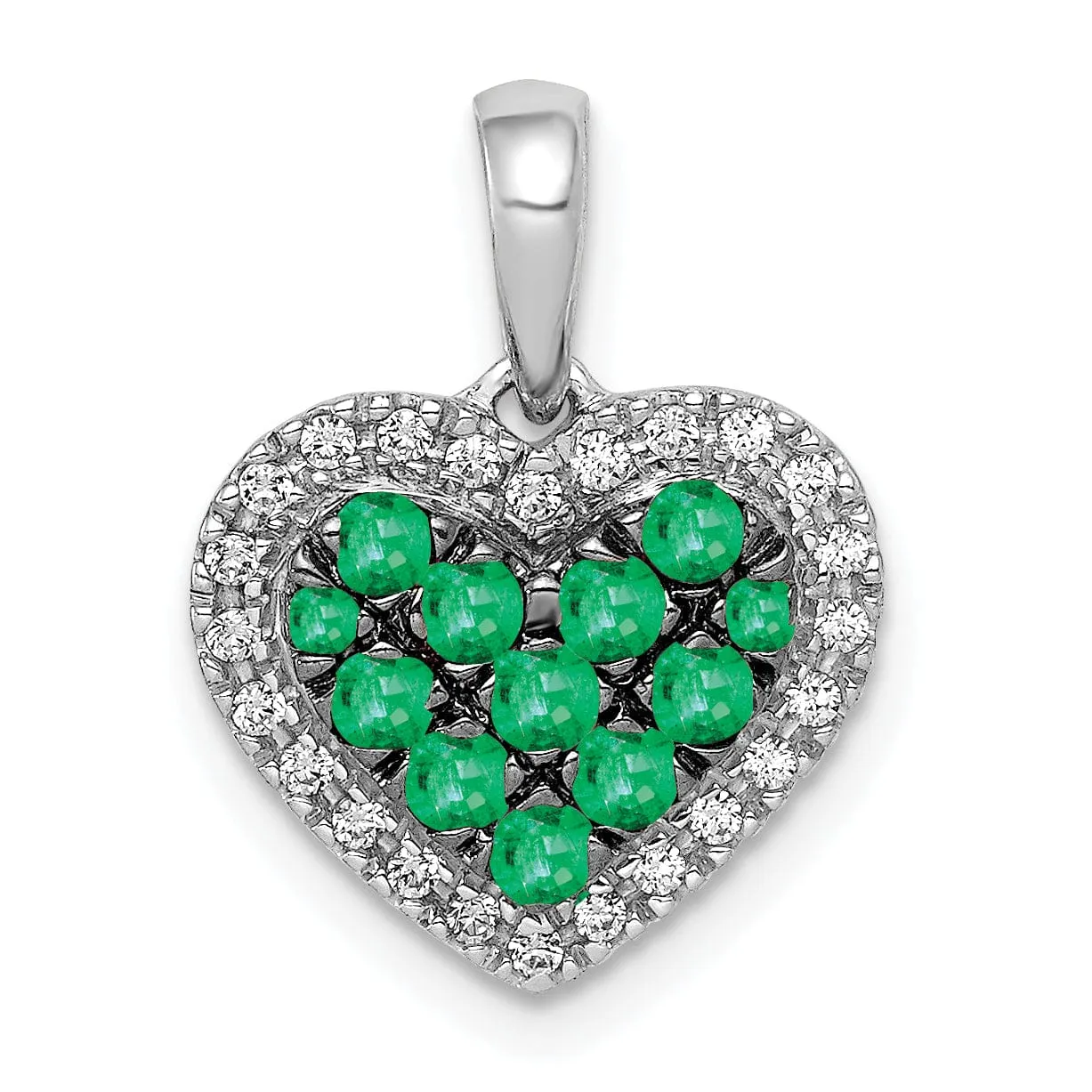 14k White Gold, White, Black Rhodium Polished Finish Open Back 0.12-CT Diamond & 0.308-CT Emerald Heart Design Charm Pendant