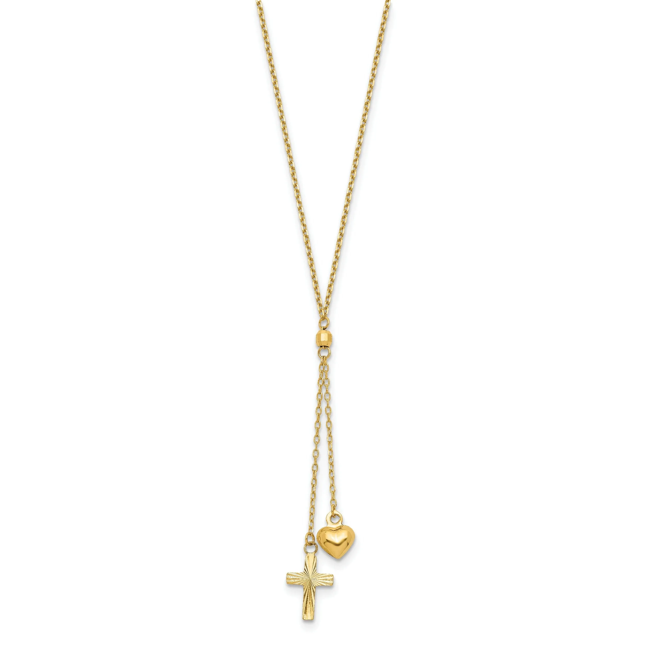 14K Yellow Gold D.C Polished Puffed Heart & Cross Design Pendants in a 16-Inch, 2-Inch Extension