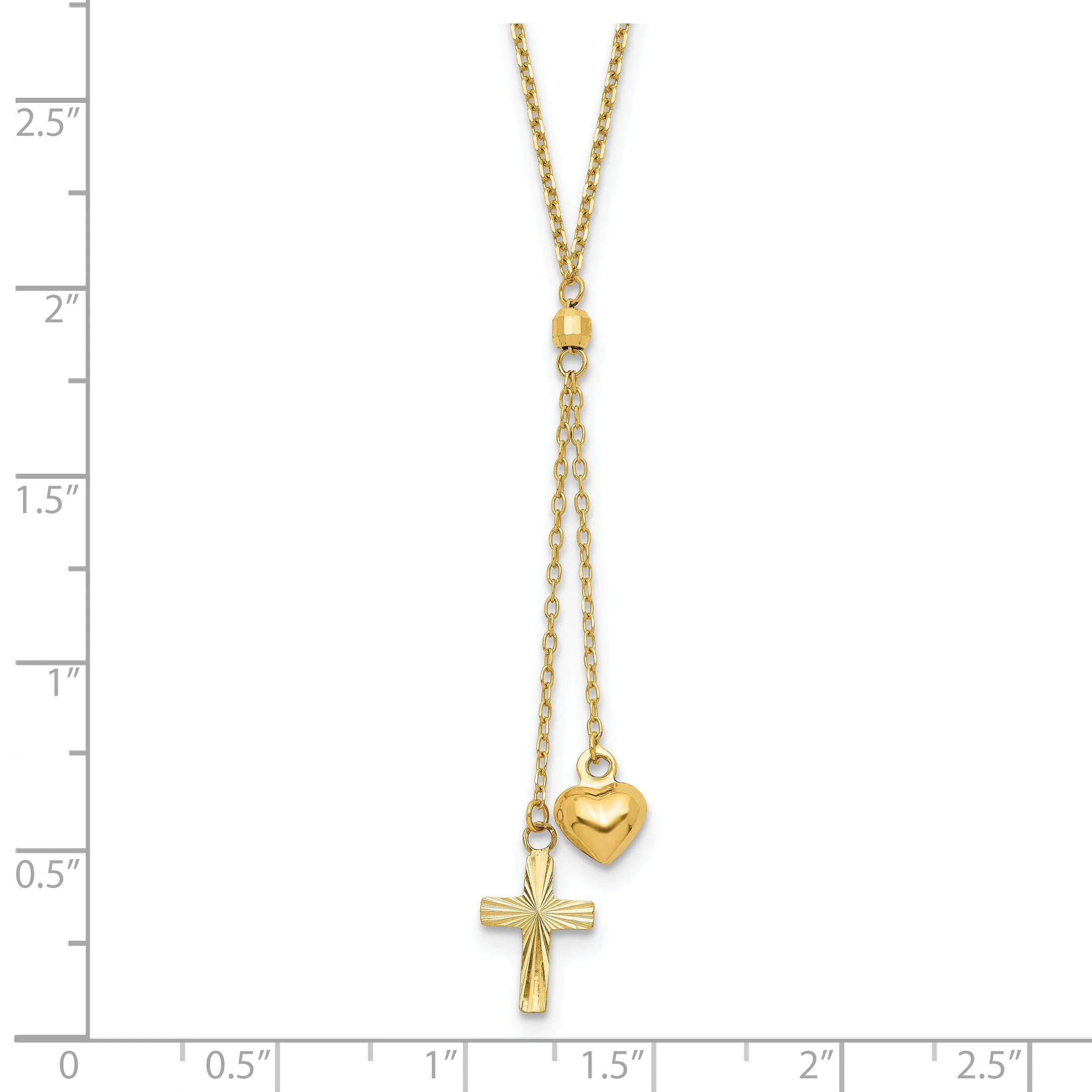 14K Yellow Gold D.C Polished Puffed Heart & Cross Design Pendants in a 16-Inch, 2-Inch Extension