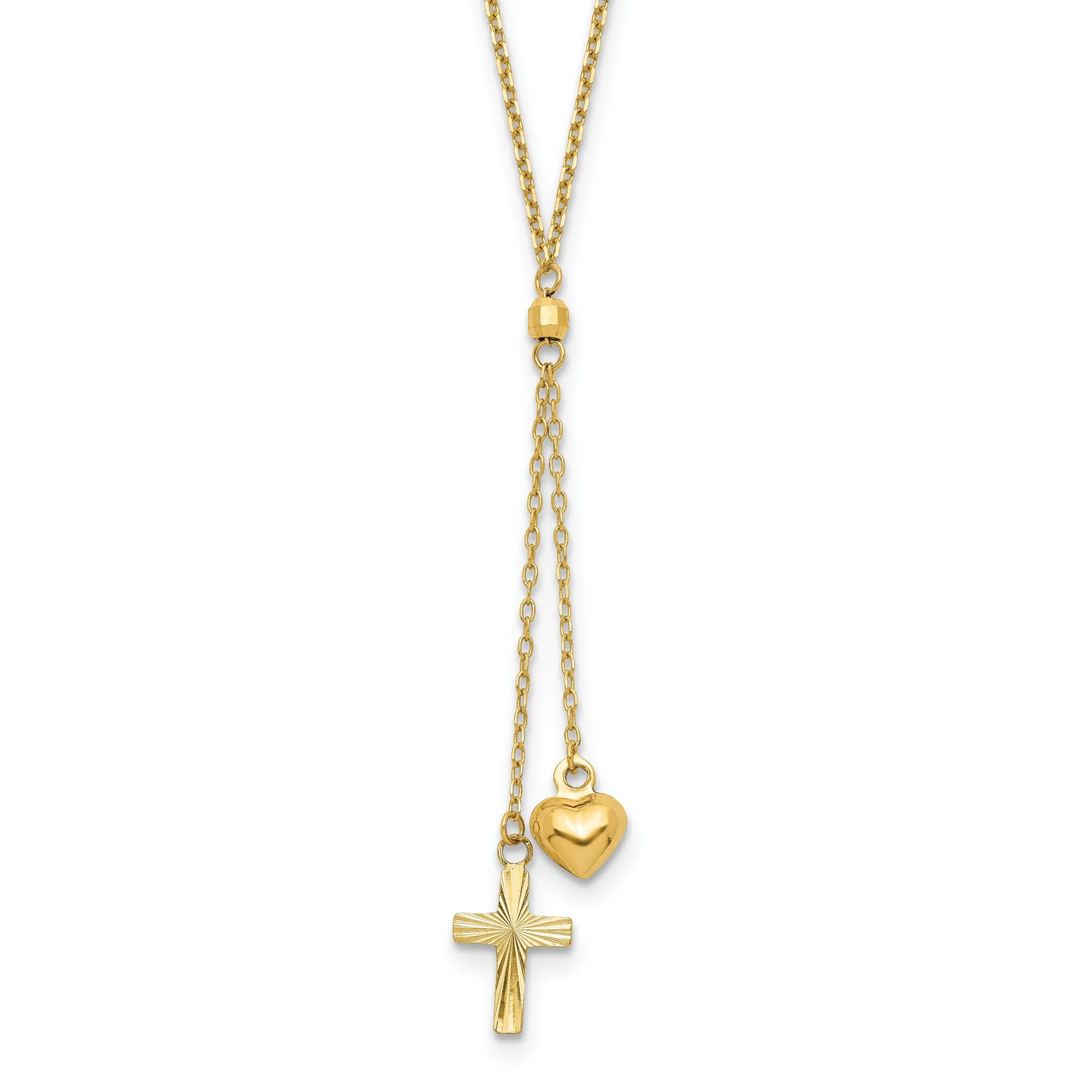 14K Yellow Gold D.C Polished Puffed Heart & Cross Design Pendants in a 16-Inch, 2-Inch Extension