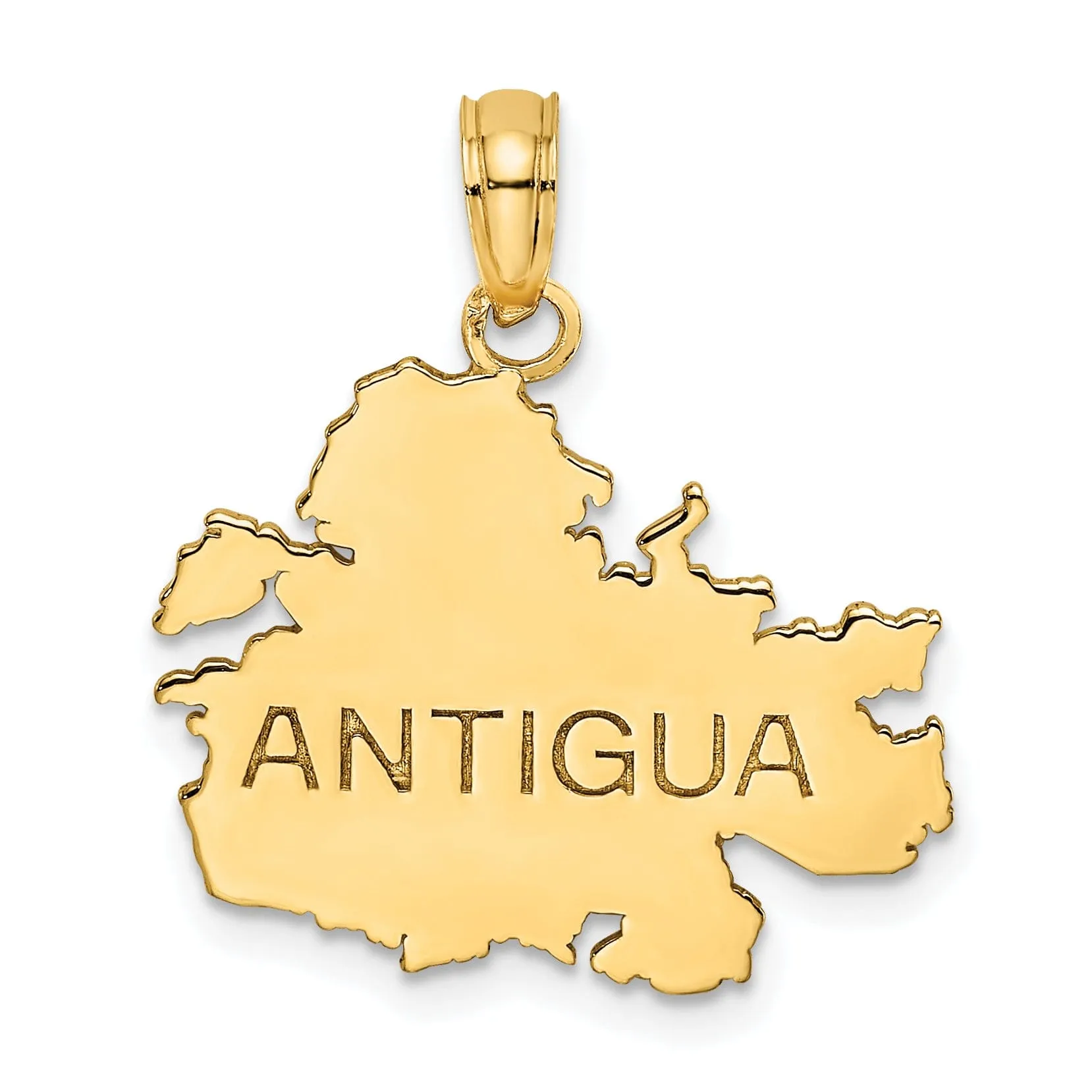 14K Yellow Gold Flat Back Polished Finish with Engraved Discription ANTIGUA map Charm Pendant