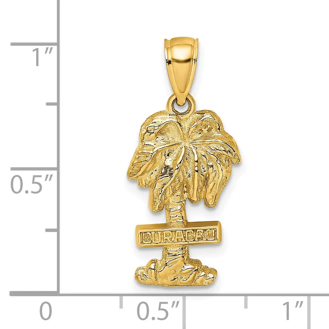 14K Yellow Gold Polished Finish Flat Back 2-Dimensional CURACAO On Palm Tree Design Charm Pendant