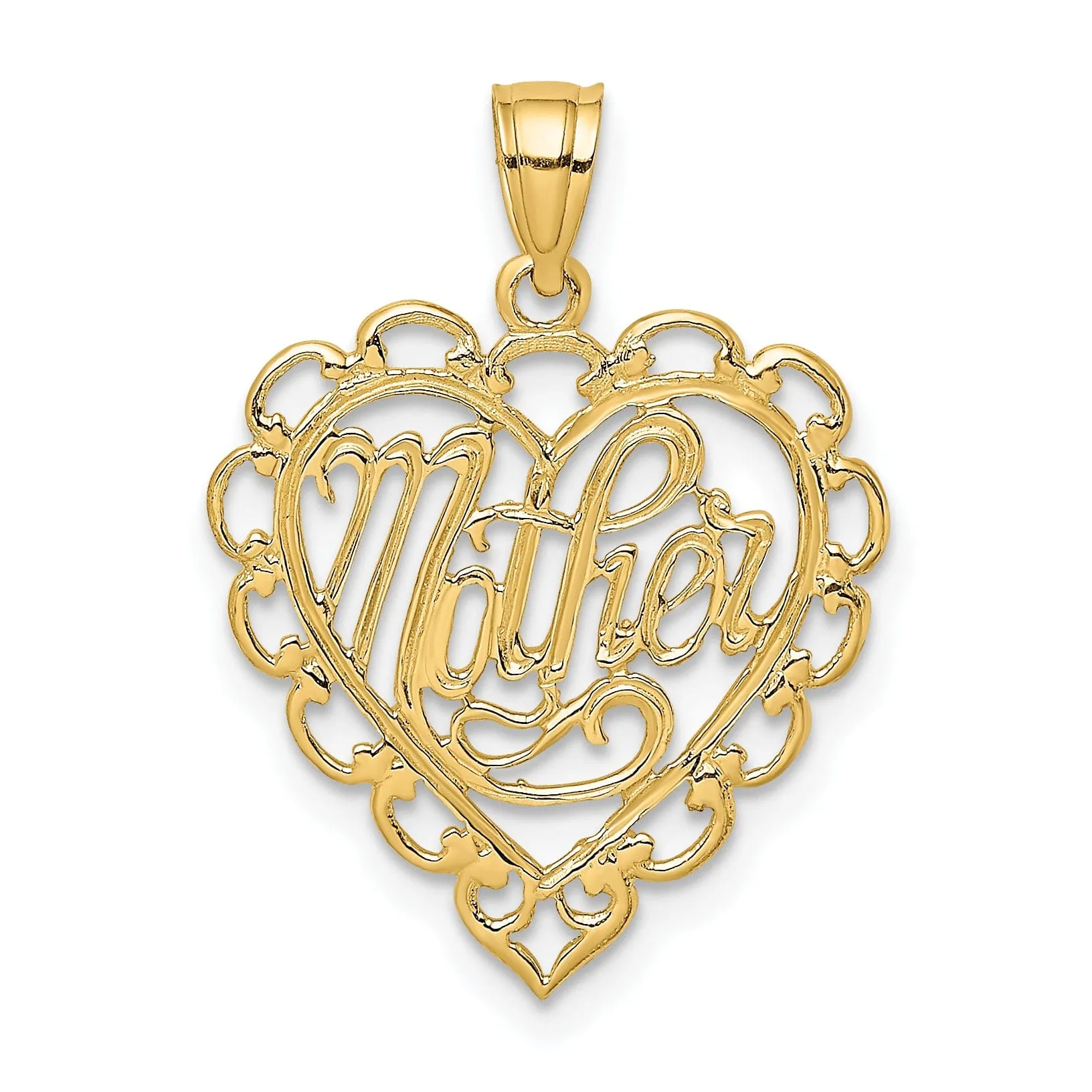 14k Yellow Gold Polished Tetxtured Finish MOTHER in Lace Heart Design Charm Pendant