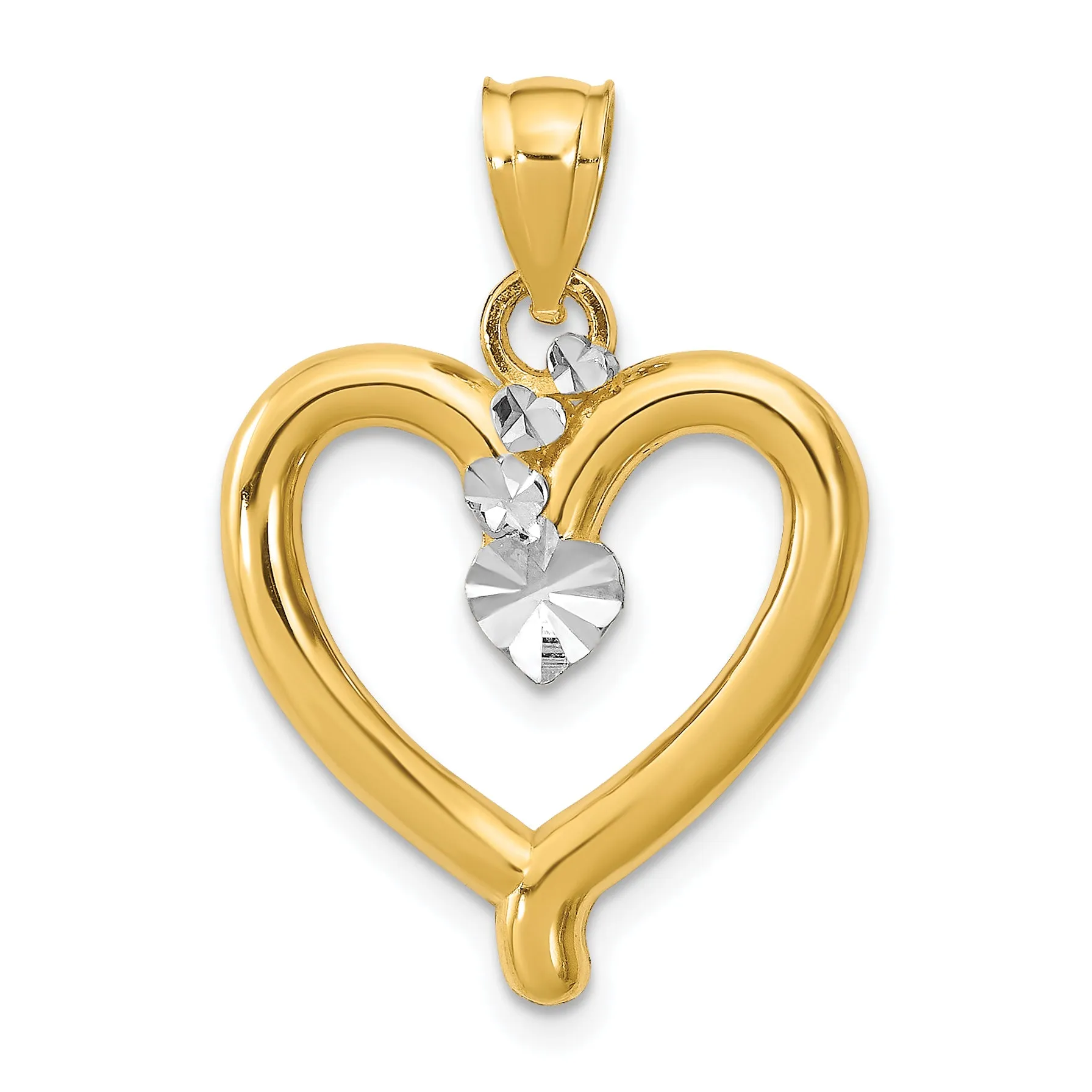 14k Yellow Gold Rhodium Diamond-cut Heart Pendant