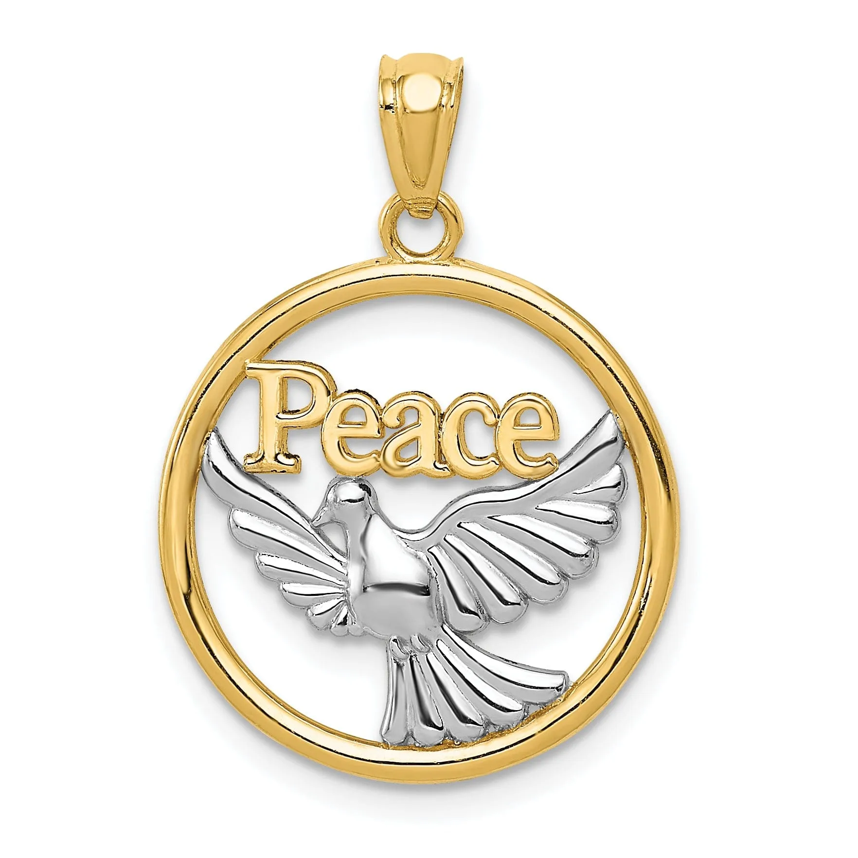 14K Yellow Gold Rhodium "Peace" Discription with Dove Design Pendant