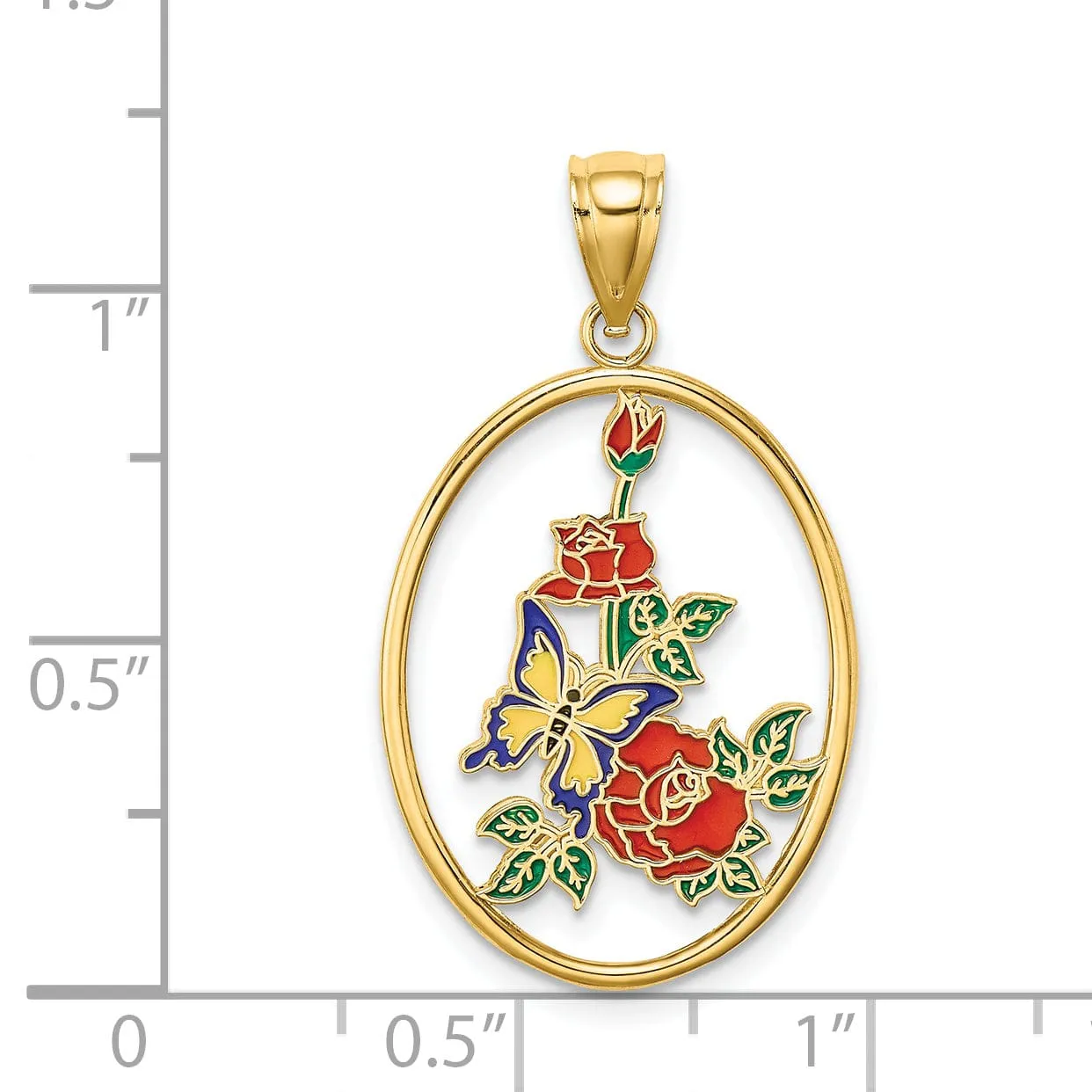 14K Yellow Gold Solid Open Back Polished Finish Enamel Yellow Butterfly in Oval Red Flower Charm Pendant