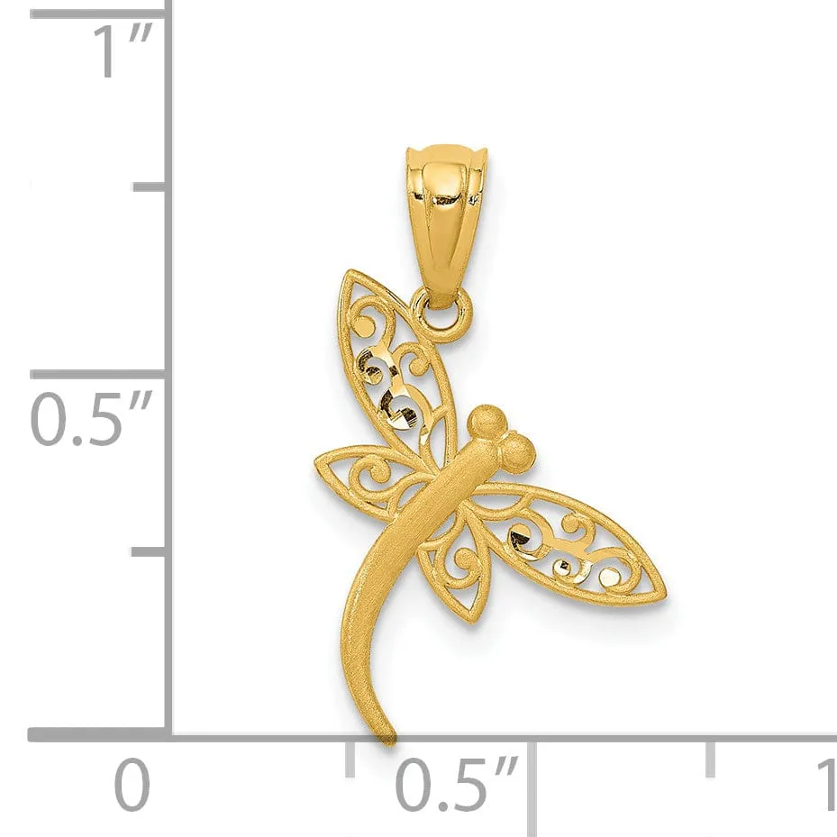 14k Yellow Gold Solid Polished Satin Diamond Cut Finish Dragonfly Pendant