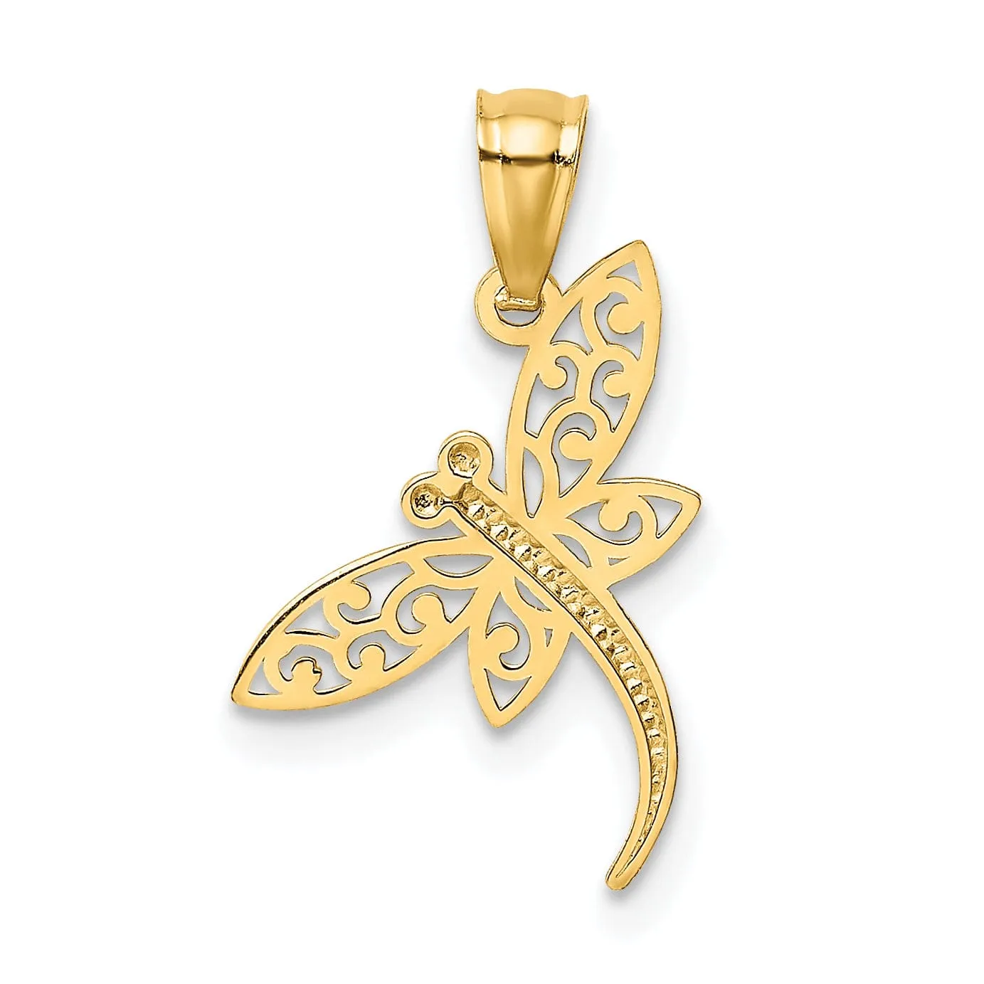 14k Yellow Gold Solid Polished Satin Diamond Cut Finish Dragonfly Pendant