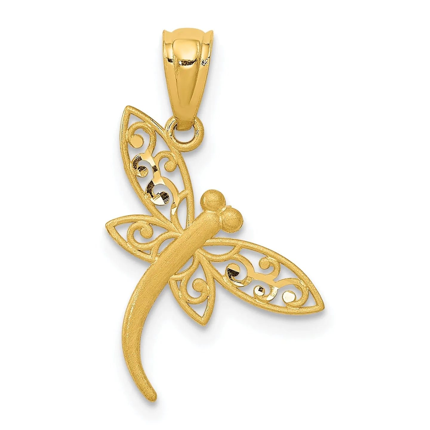 14k Yellow Gold Solid Polished Satin Diamond Cut Finish Dragonfly Pendant