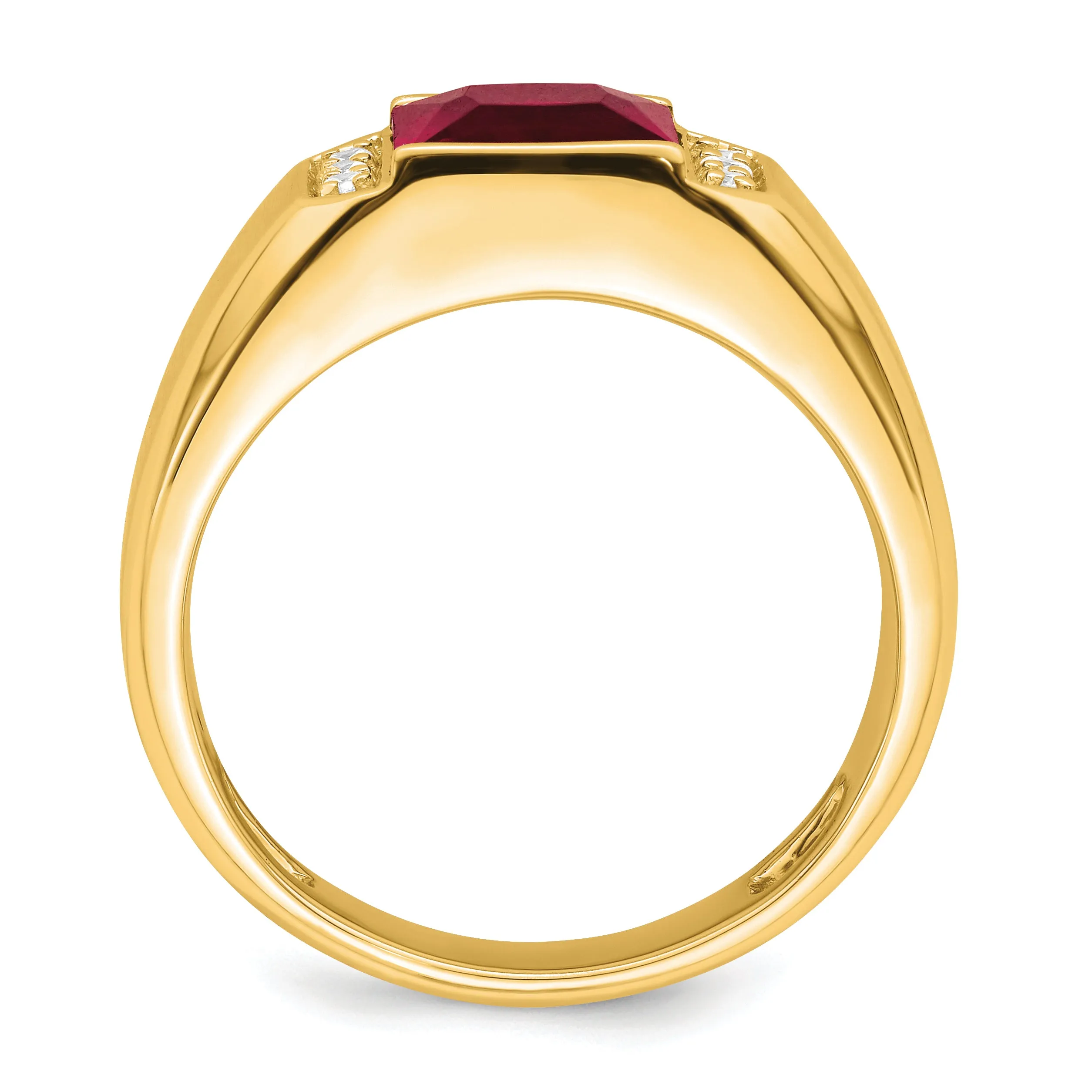 14k Yellow Gold Square Created Ruby and Diamond Mens Ring