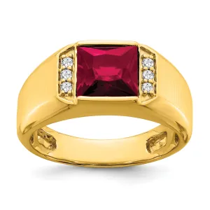 14k Yellow Gold Square Created Ruby and Diamond Mens Ring