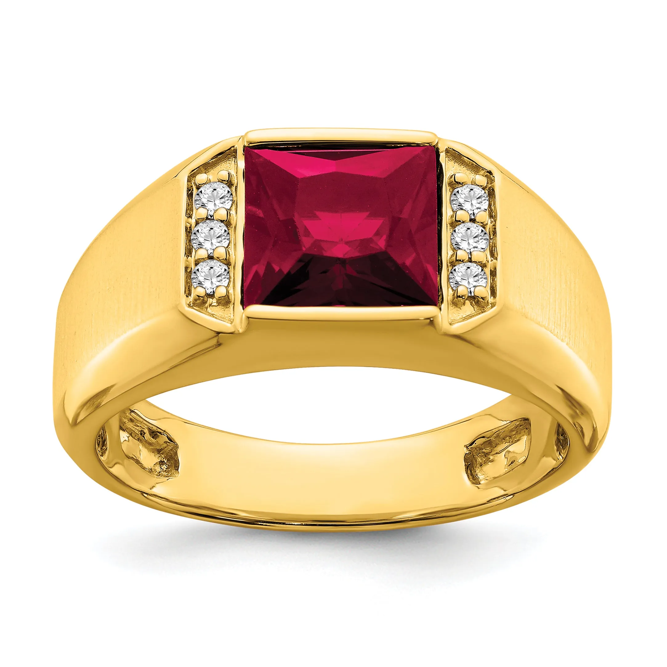 14k Yellow Gold Square Created Ruby and Diamond Mens Ring