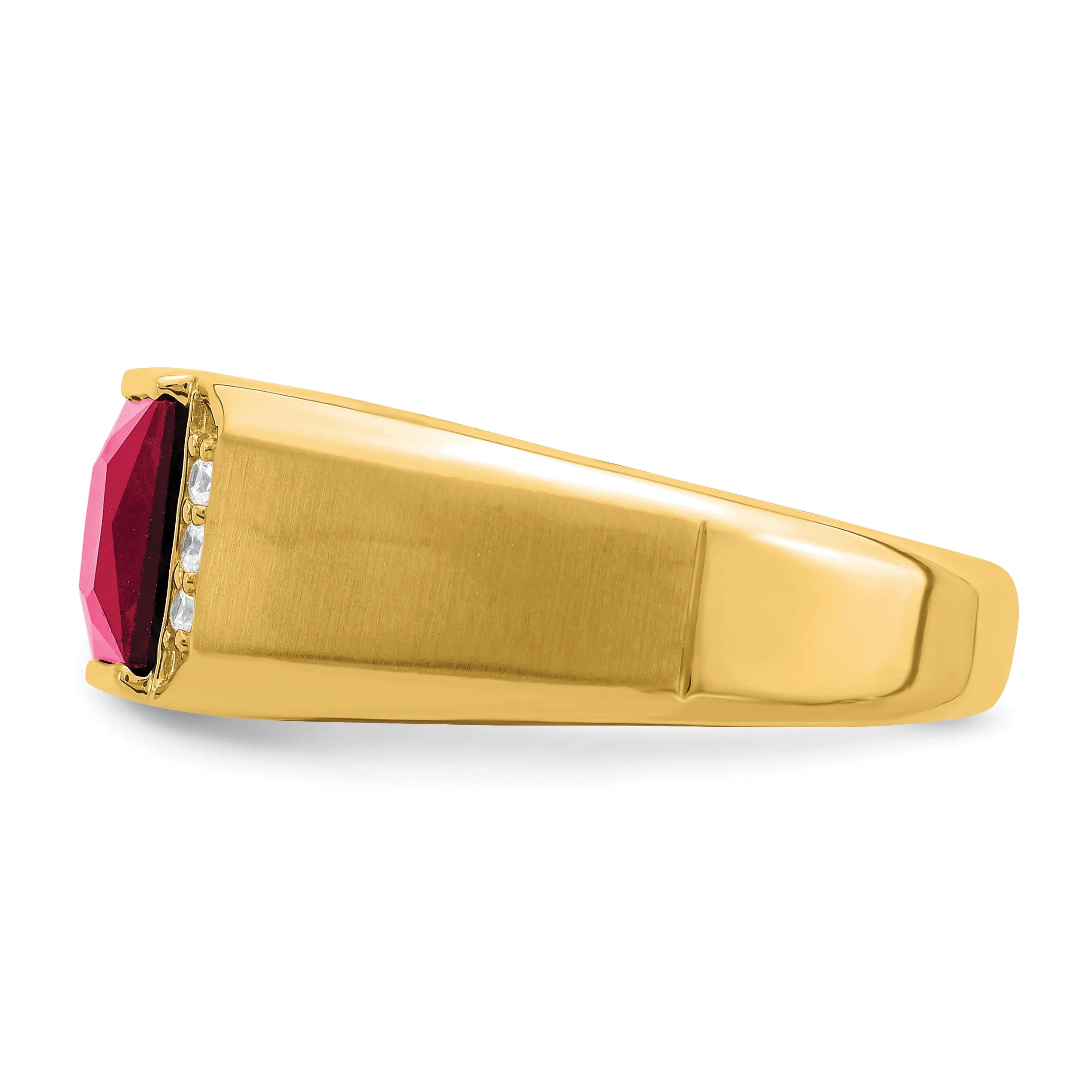 14k Yellow Gold Square Created Ruby and Diamond Mens Ring