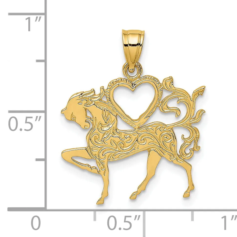 14K Yellow Gold Textured Polished Finish Heart and Horse Design Charm Pendant