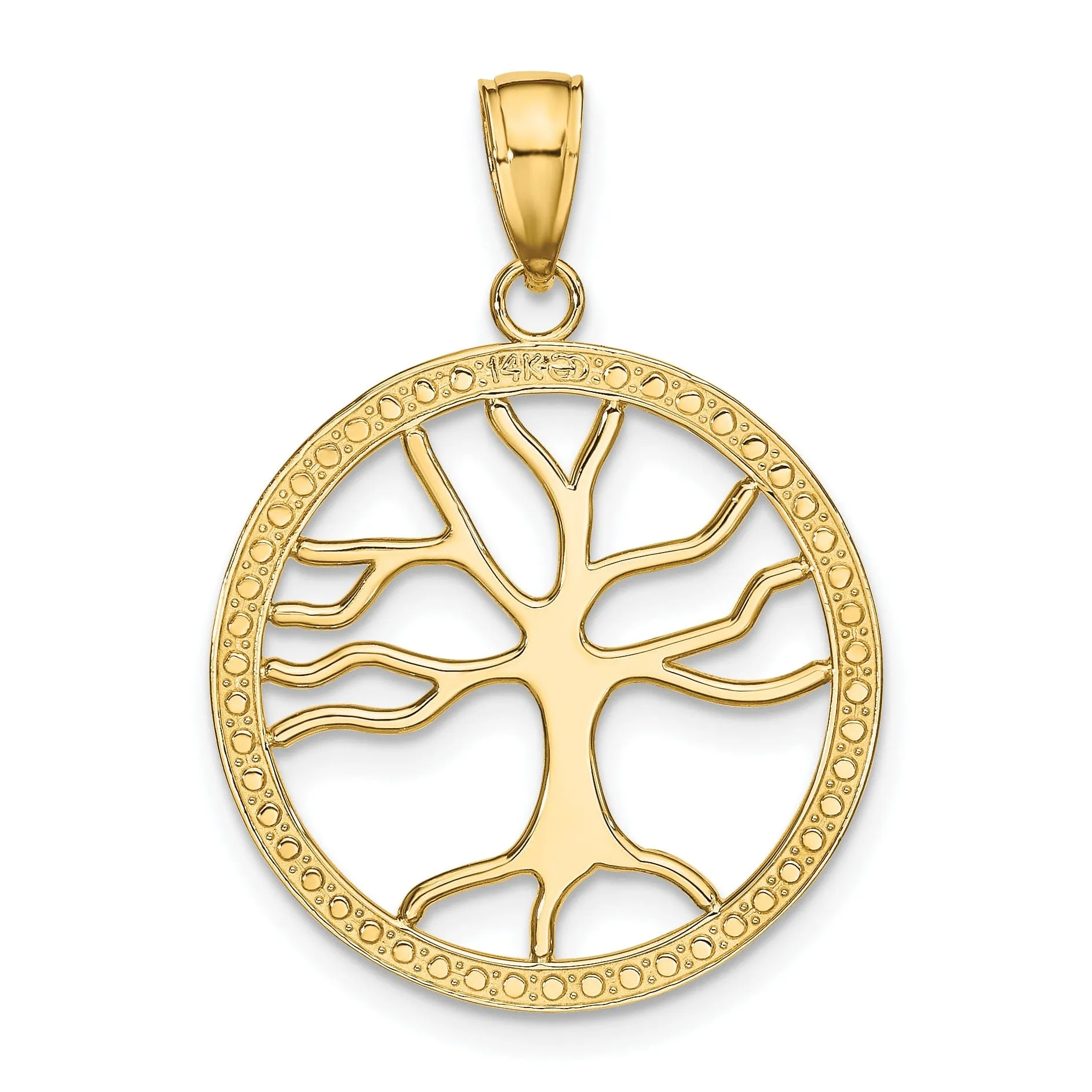 14K Yellow Gold Textured Polished Finish Tree of Life in a Large Size Round Beaded Frame Design Charm Pendant