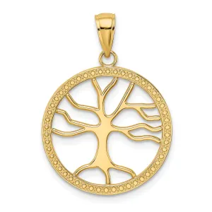 14K Yellow Gold Textured Polished Finish Tree of Life in a Large Size Round Beaded Frame Design Charm Pendant