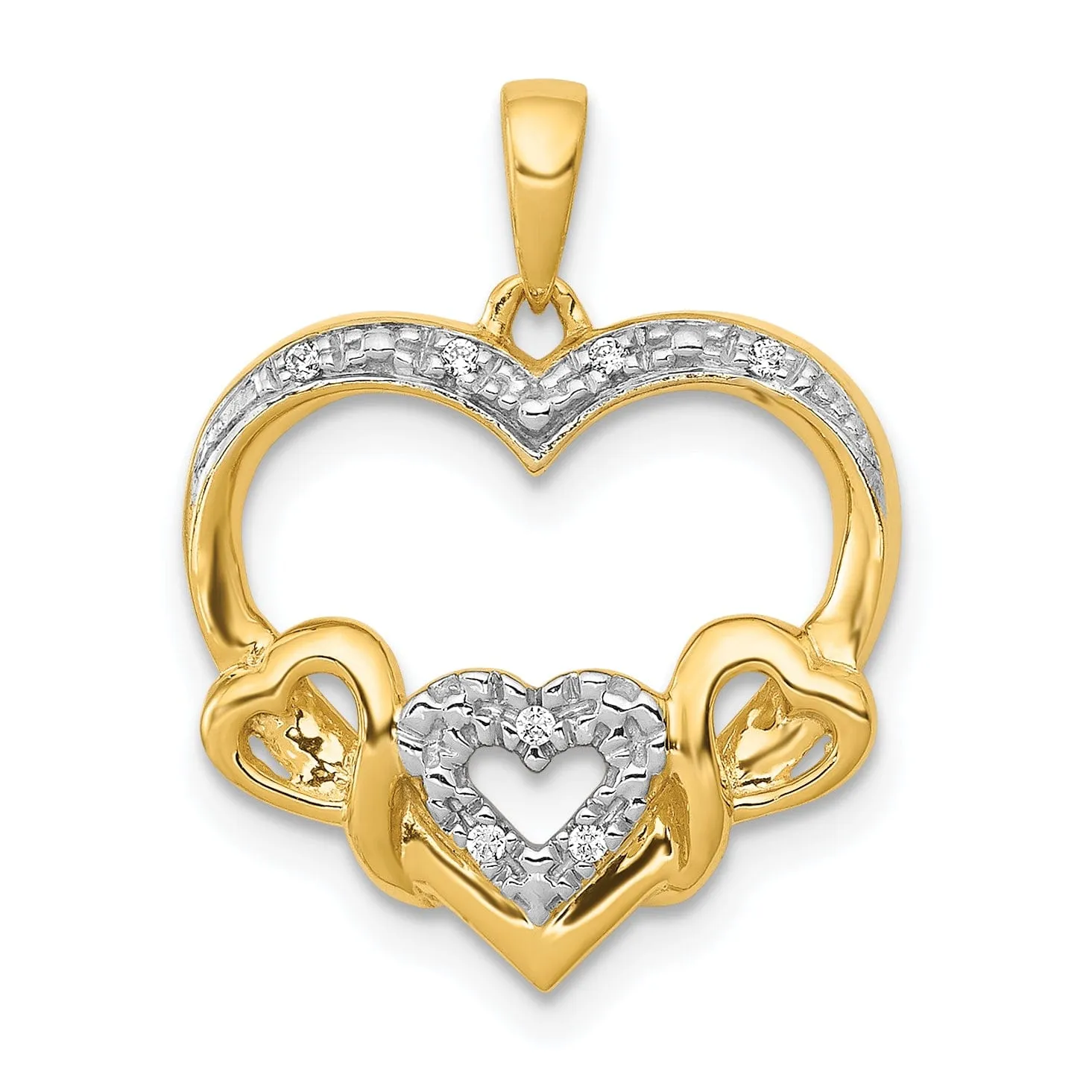 14k Yellow Gold, White Rhodium 0.028-CT Diamond Heart with Three Smaller Hearts Entwind Design Charm Pendant