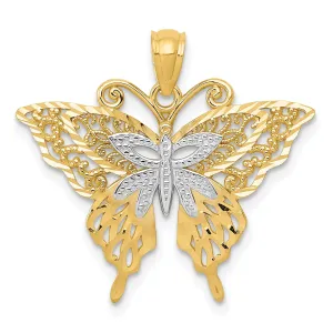 14k Yellow Gold with Rhodium Open Back Casted Solid Polished Finish Diamond-cut Fancy Butterfly Charm Pendant