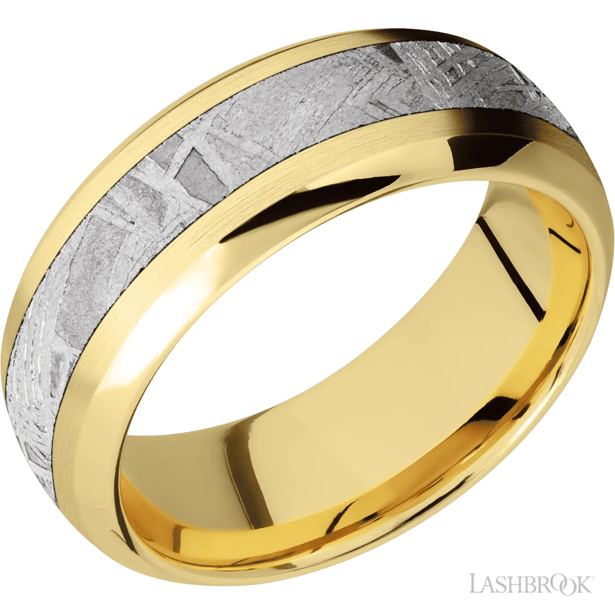 14K Yellow Gold with Satin , Polish Finish and Meteorite Inlay - 8MM