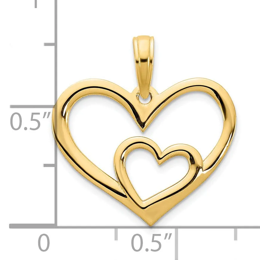 14k Yellow Gold Women's Flat Back Polished Finish Heart in a Heart Design Charm Pendant