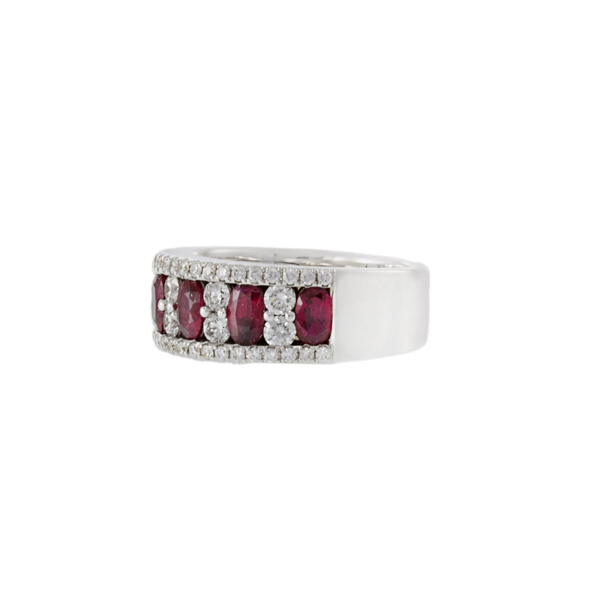 14KT White Gold Ring with Alternating Round Cut Diamonds and Rubies