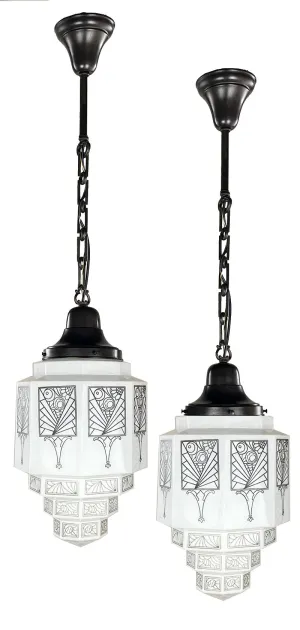 $1800 PAIR - Stunning Pair of Antique Circa 1930 Art Deco Skyscraper Black and White Stencil Etched Pendants