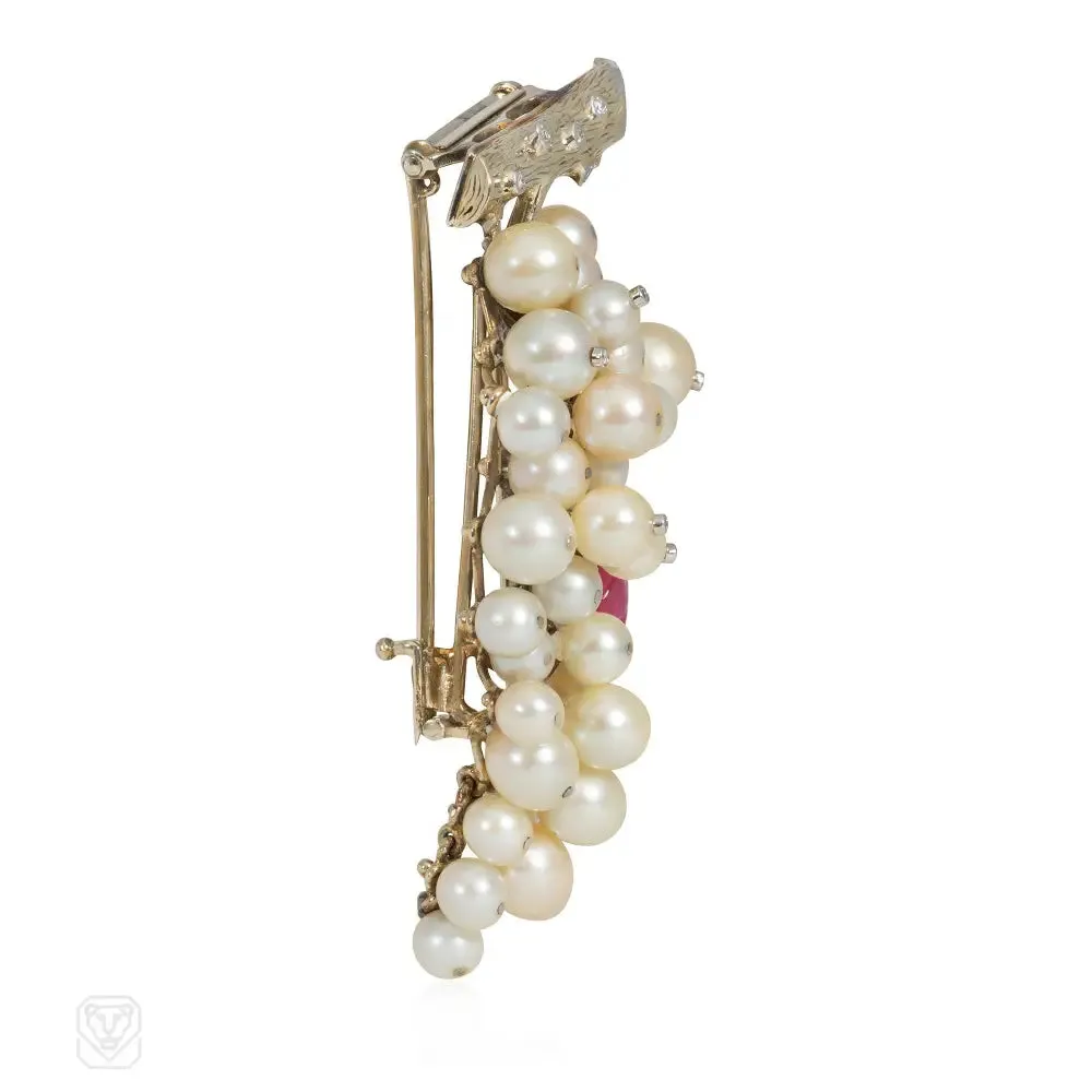 1930s J. E. Caldwell ruby, diamond, and pearl grape cluster brooch