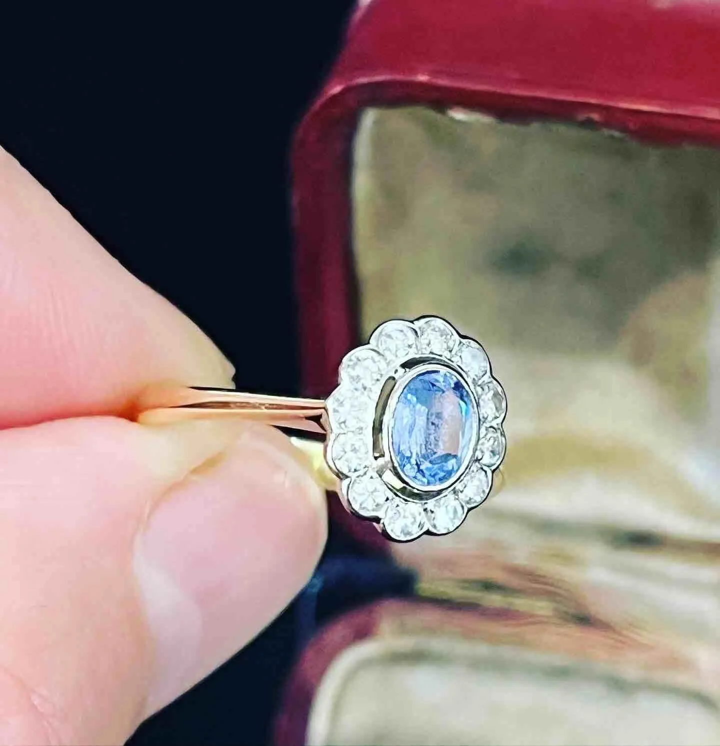 1940s Ceylon Sapphire and Diamond Oval Cluster Ring