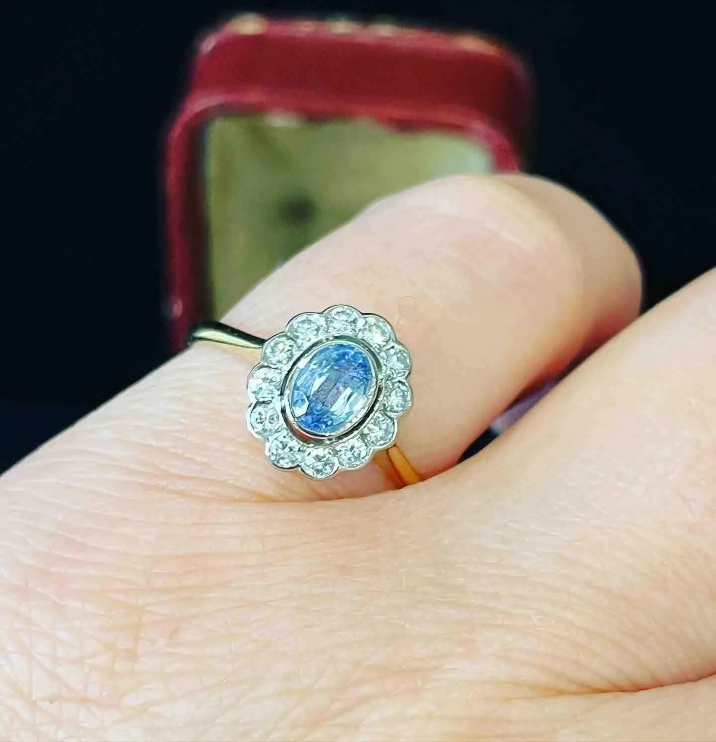 1940s Ceylon Sapphire and Diamond Oval Cluster Ring