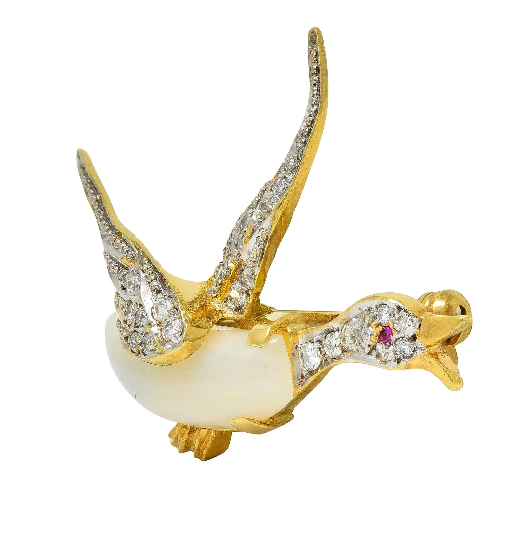 1960's Opal Diamond Ruby Platinum 18 Karat Gold Vintage Goose Bird Brooch