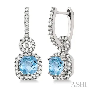 6mm Cushion Cut Aquamarine and 1/2 Ctw Round Cut Diamond Earrings in 14K White Gold