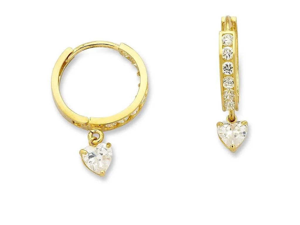 9ct Yellow Gold Heart Drop Hoop Earrings