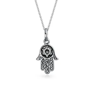 Amulet Talisman Hamsa Hand Pendant Necklace in Black Oxidized Sterling Silver