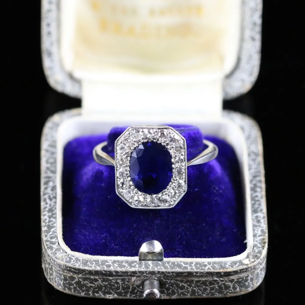 Antique Art Deco 3Ct Sapphire Diamond Ring 18Ct & Platinum