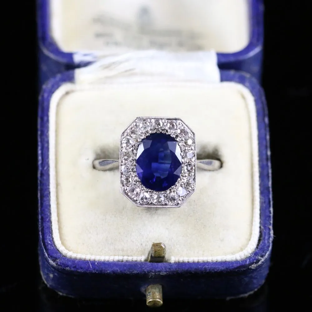 Antique Art Deco 3Ct Sapphire Diamond Ring 18Ct & Platinum