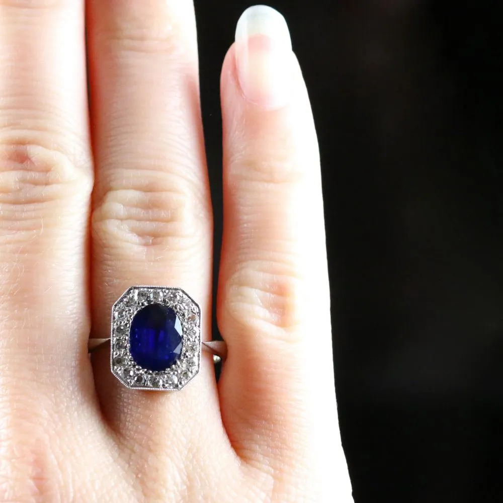 Antique Art Deco 3Ct Sapphire Diamond Ring 18Ct & Platinum