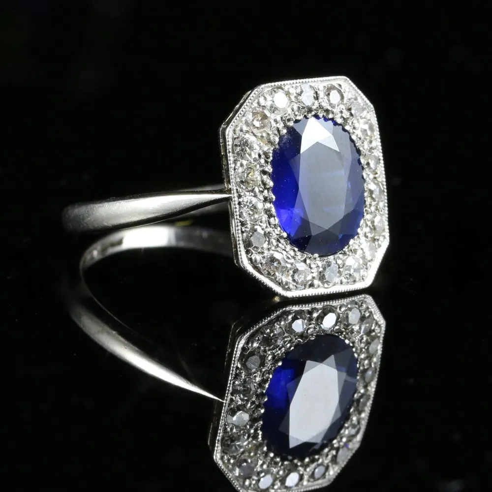 Antique Art Deco 3Ct Sapphire Diamond Ring 18Ct & Platinum