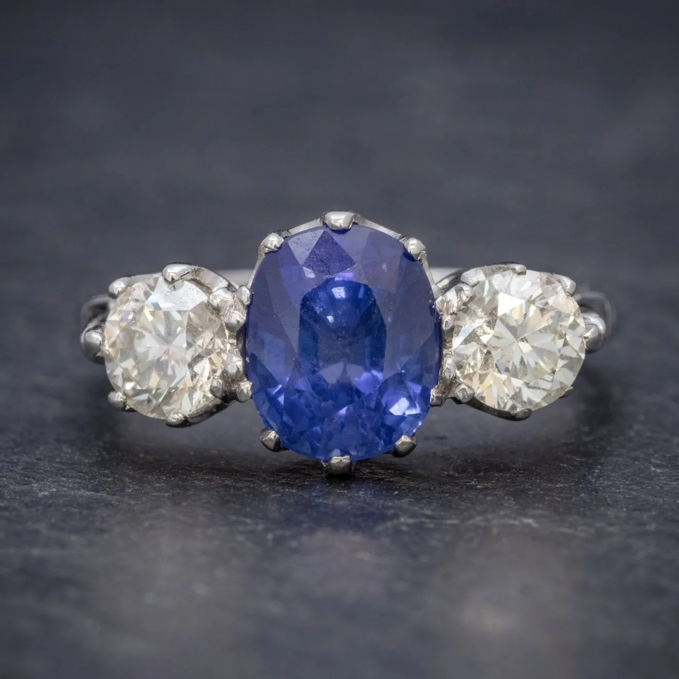 Antique Edwardian 2.40Ct Sapphire Diamond Trilogy Ring Platinum Circa 1915