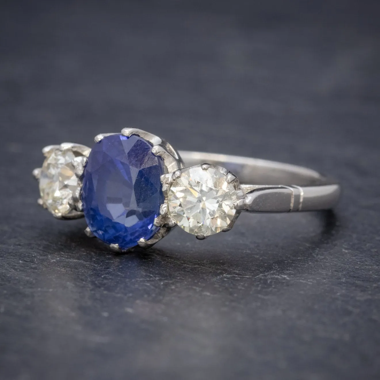 Antique Edwardian 2.40Ct Sapphire Diamond Trilogy Ring Platinum Circa 1915